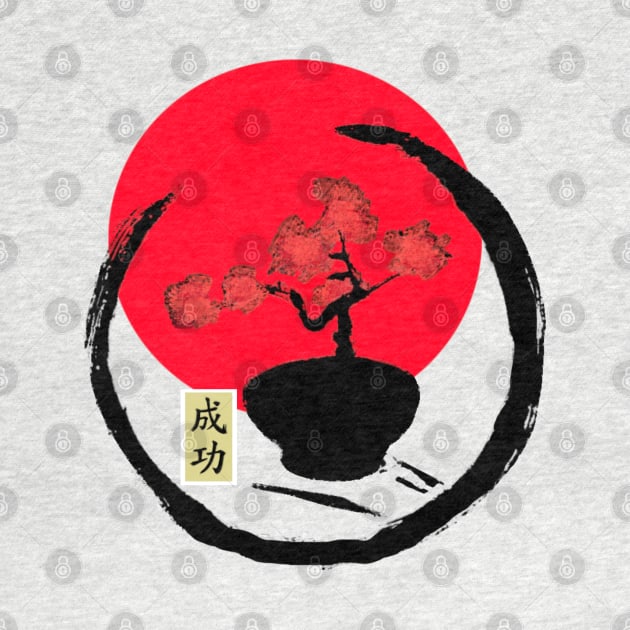 Rising red sun on a enso circle brush stroke design - Blooming red cherry blossoms by Trippy Critters